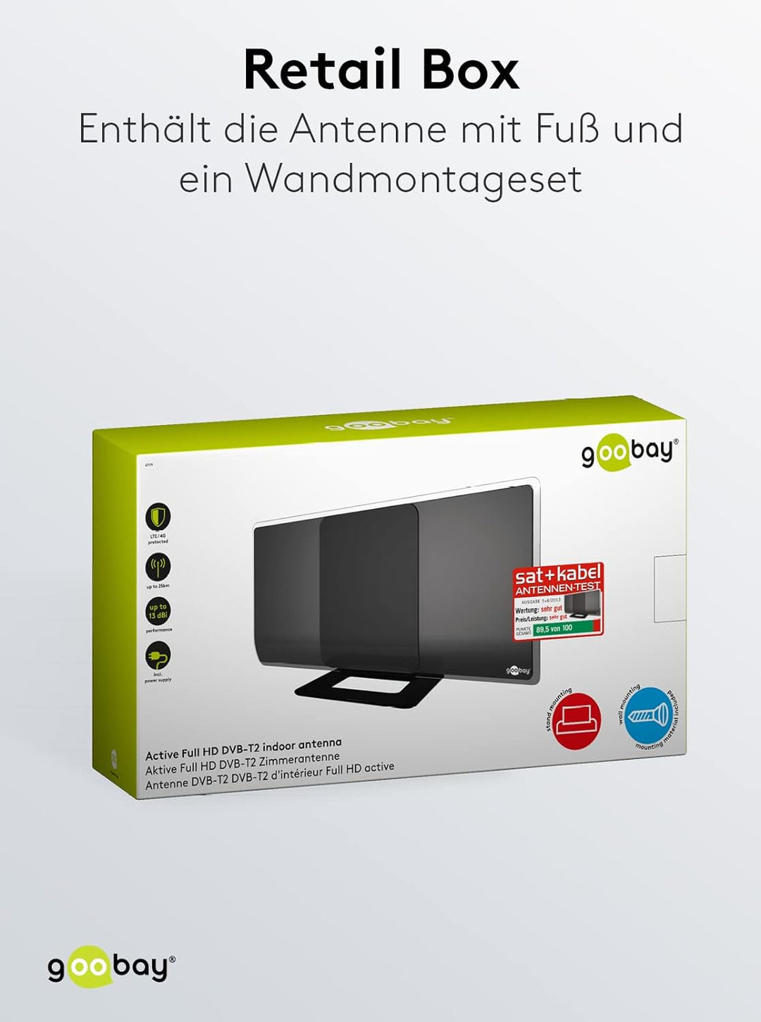Goobay 67179 DVBT2 Antenne mit Verstärker innen / Aktive DAB Zimmerantenne für Fernseher HDTV Full H