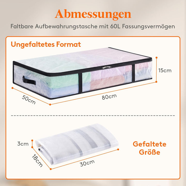 Lifewit 4 Stück Transparente Plastik Unterbett Aufbewahrungstasche, 60L Unterbettkommode Aufbewahrun