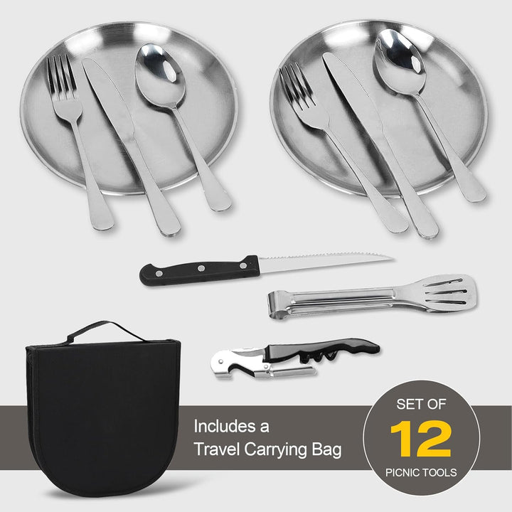 Campingbesteck Set für 2 Personen, Tragbares Edelstahl Outdoor Geschirr Set für Camping, Picknick un