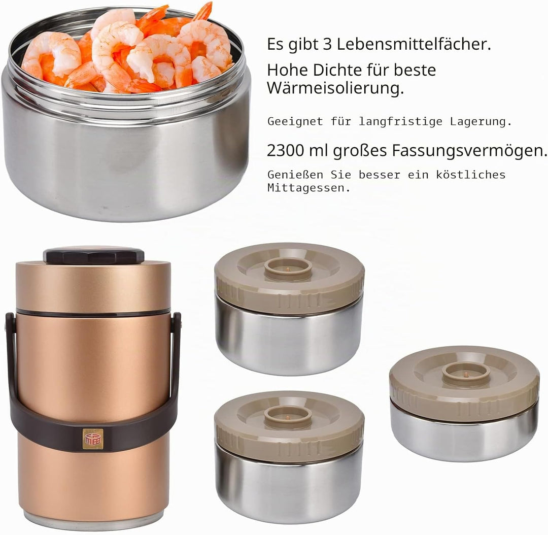 Thermobehälter für Essen, 2,3L Isolierter Lebensmittelbehälter 304 Edelstahl 3 Lagen Lecksicherer Wa