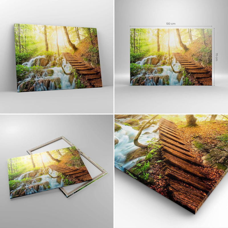 ARTTOR Bilder auf Leinwand 100x70cm Leinwandbild Park Wasserfall Wasser Gross Wanddeko Bild Schlafzi