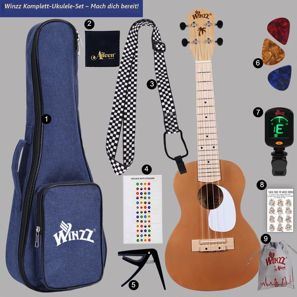 Winzz Ukulele Erwachsene Anfänger Set, Konzert Ukulele 23 Zoll, Ukulele Kinder Einsteiger Kit mit 9