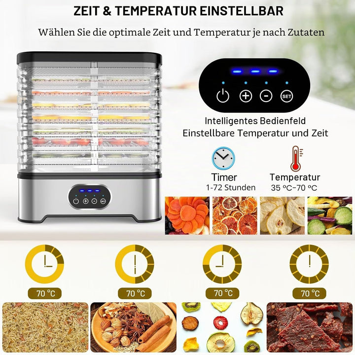Dörrgerät für Lebensmittel, 8 Etagen, Temperaturkontrolle von 42 °C – 70 °C und Timer für 72 Stunden