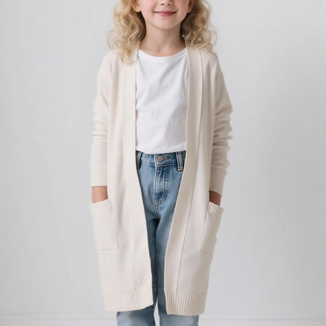 Cardigan Mädchen Lang Strickjacke Mit Taschen Strickcardigan Casual Langarm Strickmantel Kinder Open