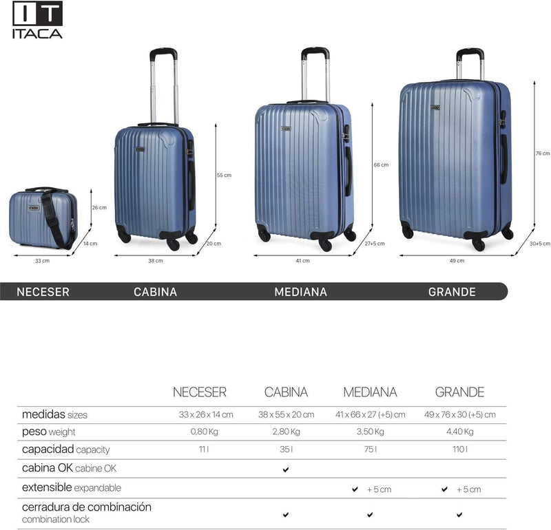 ITACA - 3er Kofferset Erweiterbar 55/66/76 cm ABS. 4 Rollen. Steif, widerstandsfähig und leicht. Hän