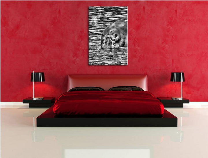 Pixxprint Zwei Flusspferde im Wasser als Leinwandbild/Grösse: 100x70 cm/Wandbild/Kunstdruck/fertig b