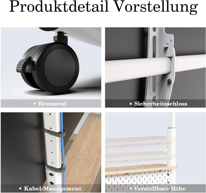 FITUEYES TV Ständer Rollbar Höhenverstellbar, Fernsehständer mit Rollen Schublade Ablage Lochwand, T
