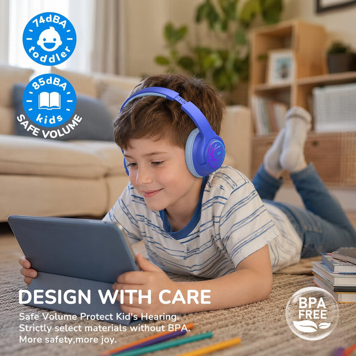iClever Bluetooth Kopfhörer Kinder mit LED-Leuchten, 74/85dBA Lautstärkebegrenzung, 43 Stunden Spiel