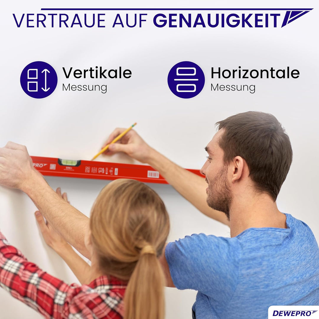 DEWEPRO® Profi Wasserwaage Aluminium - rot lackiert - Länge: 120cm 1,2m - Messtoleranz: 0,5mm/m - Al