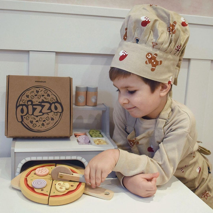 Mamabrum Holz Pizza-Backset mit Pizzaofen, Pizzastücke mit Klettverschluss, Zutaten-Scheiben, Spate