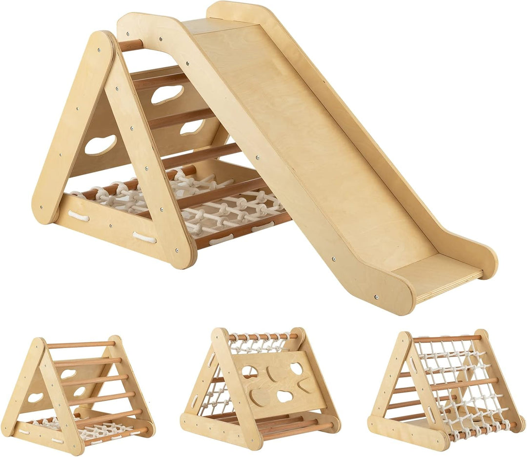 DREAMADE 4 IN 1 Kletterdreieck mit Rutsche und Kletternetz, Holzdreieck Kletterspielzeug aus Holz, I