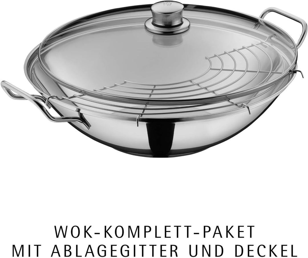 WMF Party Taiwan Wokpfanne Induktion 36 cm, Wok mit Deckel und Ablagegitter, Cromargan Edelstahl unb