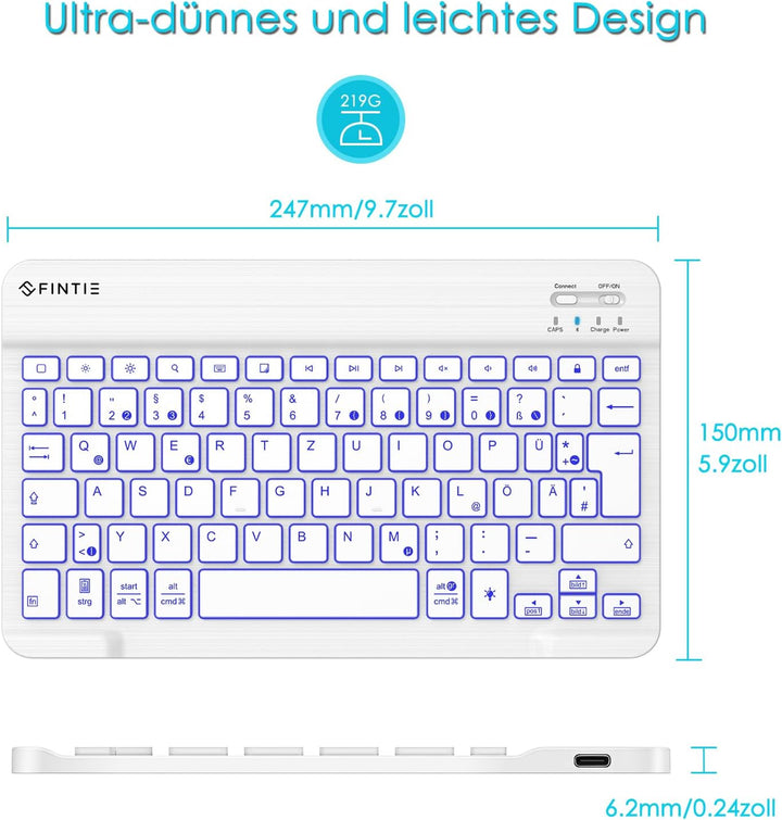 Fintie Bluetooth Tastatur mit Hintergrundbeleuchtung in 7 Farben, iPad Tastatur mit deutschem Layout