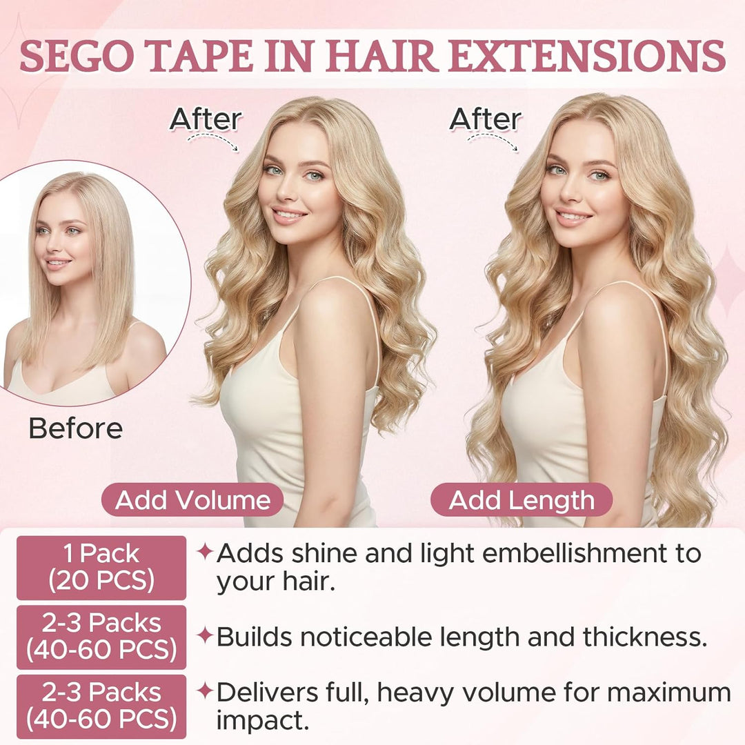 SEGO Tapes Echthaar Extension Echthaar 20 Tressen Adhesive Klebeband Haarverlängerung Haar 1g/Stück