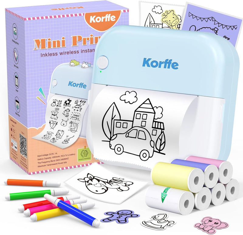 Korffe Mini Drucker für Smartphone with 7 Rollen Druckerpapier, Wireless Sticker Drucker Kompatibel