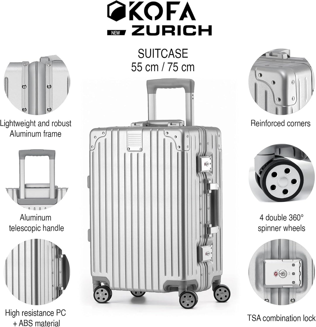 KOFA Zurich Kofferset 2 Teilig, M-55cm & XL-75cm Alu-Rahmen & Polycarbonat-Hartschale, Carry-on + Ch