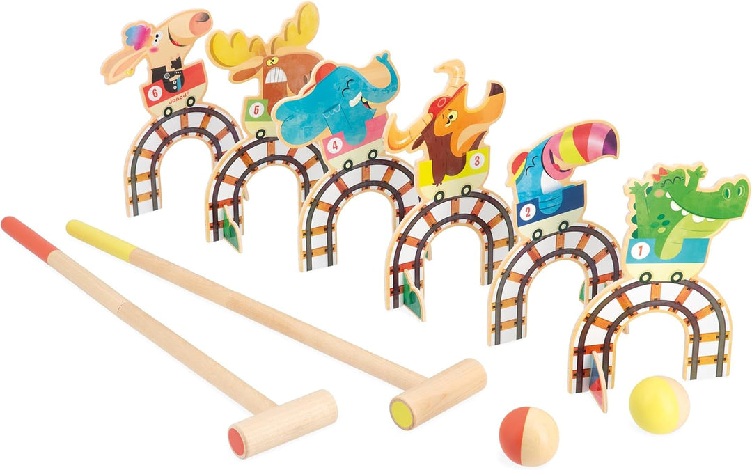Janod - Kinder-Krocketspiel Applepop - Geschicklichkeitsspiel - 6 Tore + 2 Schläger + 2 Bälle - Förd