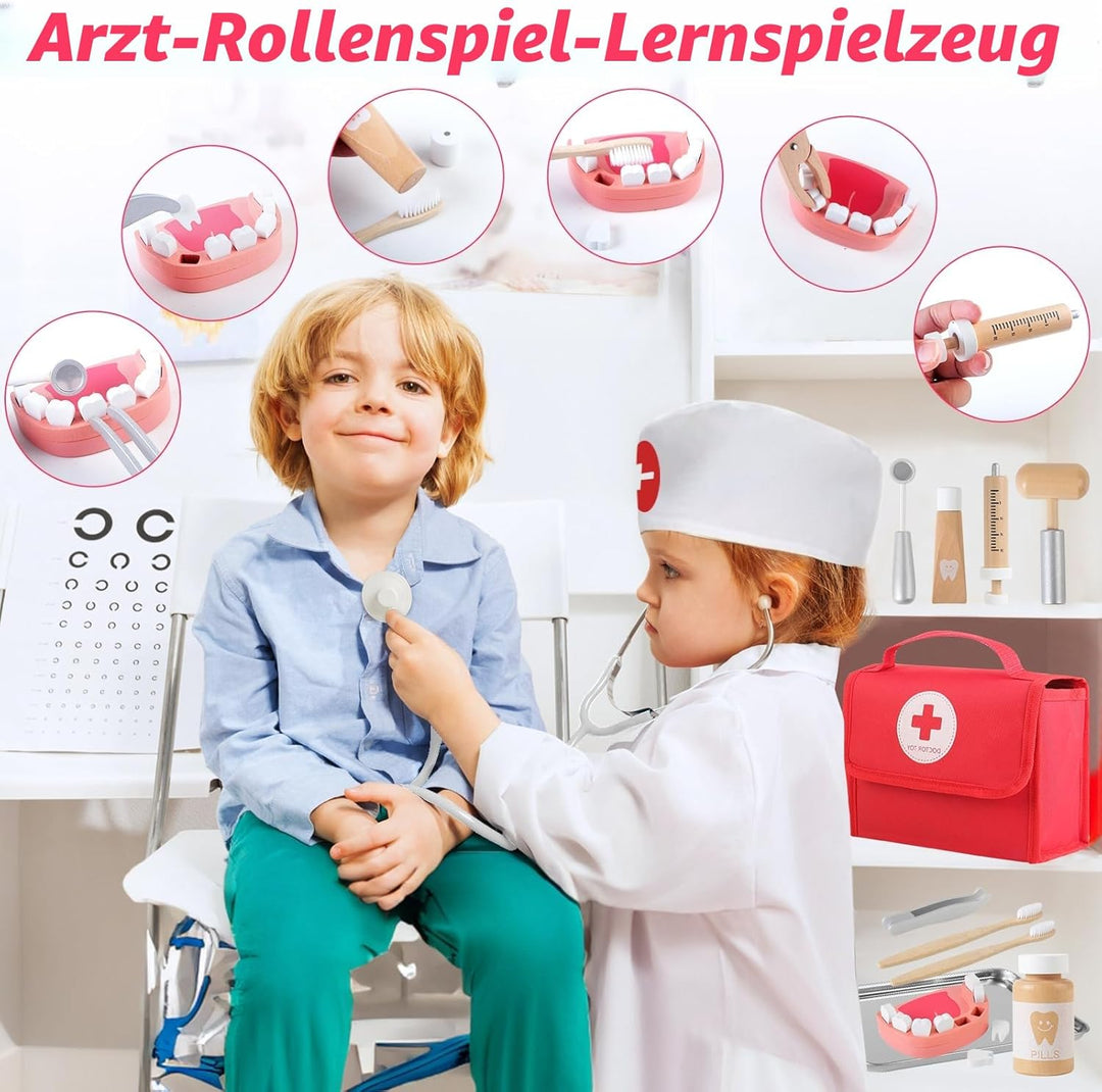 Mardo Arztkoffer Kinder Holz Doktorkoffer mit Echtem Stethoskop, Arztkittel und Doktortasche in Rot,