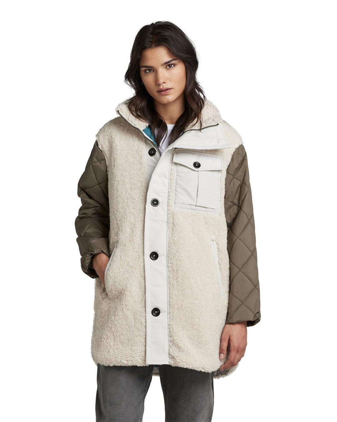 G-STAR RAW Damen Teddy Mix Jacke Jackets L Beige (ecru D22042-C454-159), L Beige (ecru D22042-C454-1