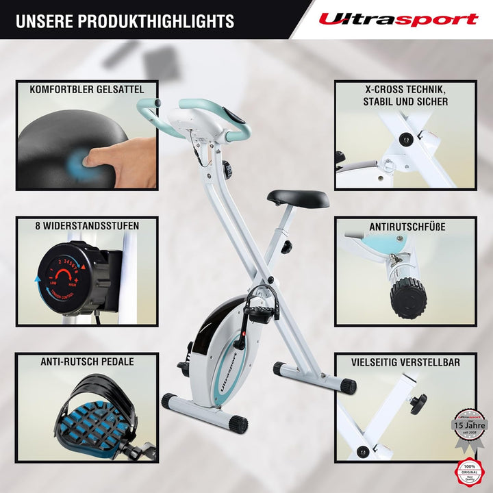 Ultrasport F-Bike, Fahrradtrainer, Heimtrainer, klappbarer Hometrainer, LCD Display, opt. Handpulsse