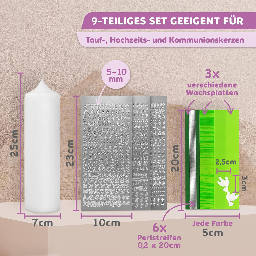WIKAKERZEN Taufkerze selber Machen Set mit Kerzen-Rohling Buchstaben und Wachsplatten mit Wachsmotiv