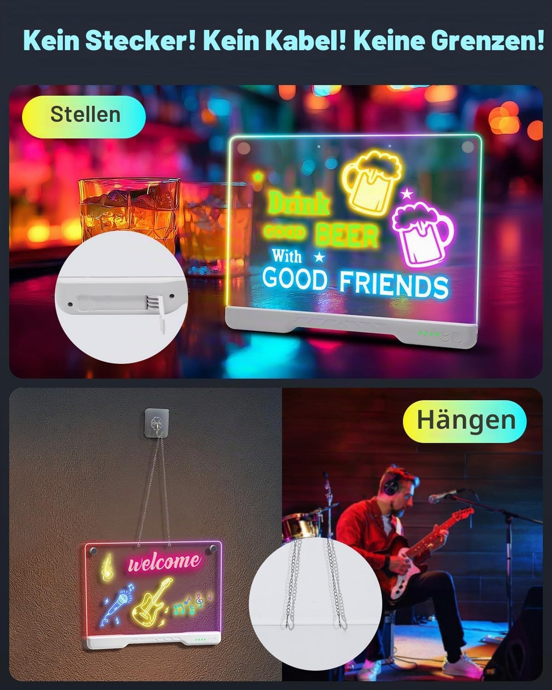 Led Zeichenbrett Kinder Kabellose, ORIA Leuchtendes Maltafel LED Notiztafel Wiederaufladbare, 7 Farb