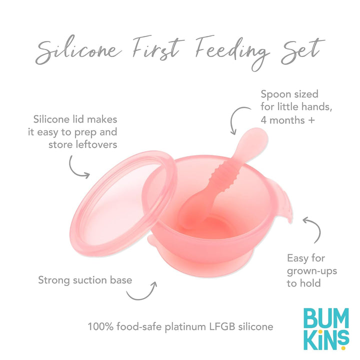 Bumkins - Erstes Baby Fütterungsset aus Silikon mit Saugnapf, Deckel und Löffel, Rosa Jelly, BPA-fre