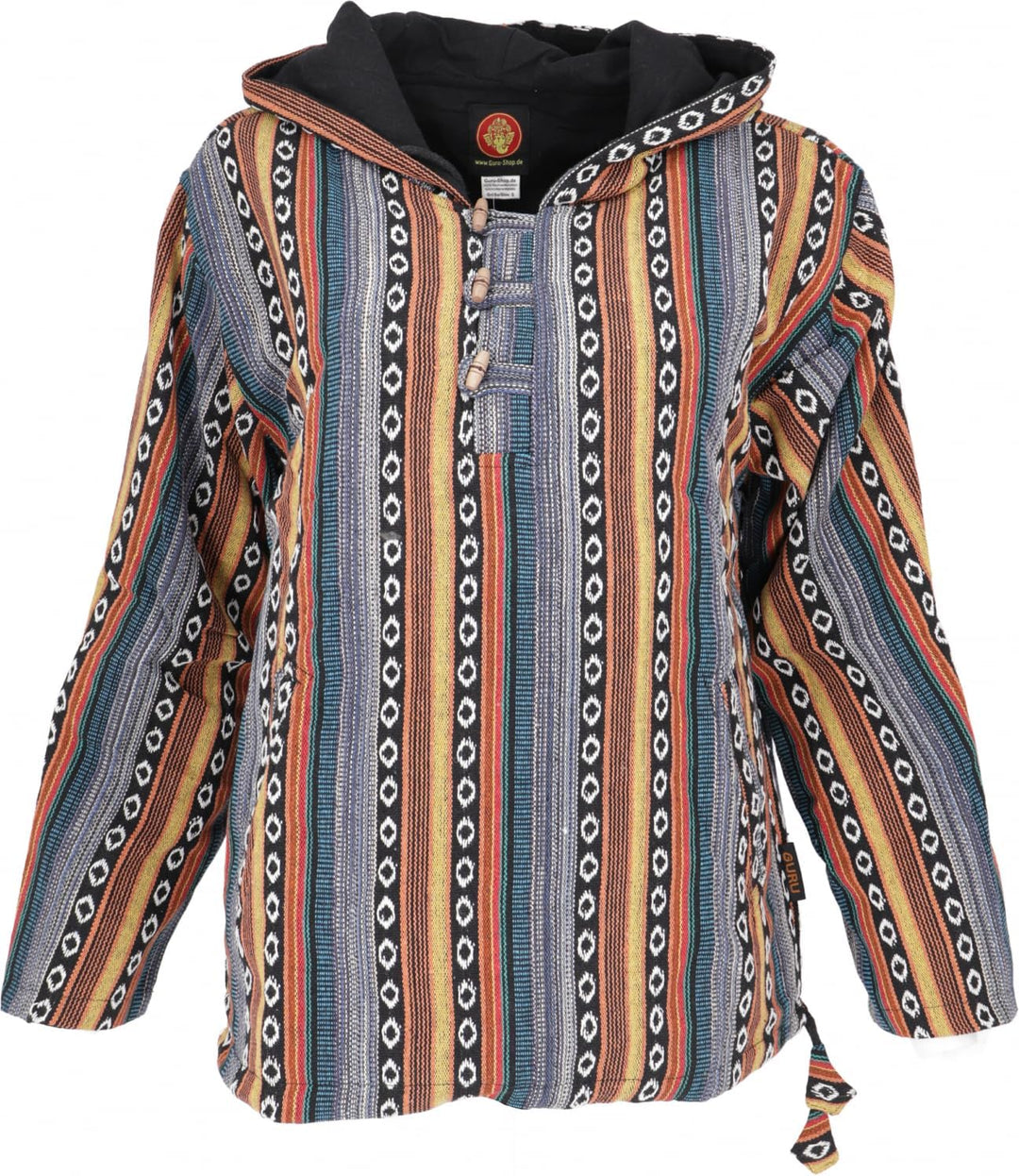 GURU SHOP Goa Kapuzenshirt, Baja Hoodie, Style Kapuzenpullover, Herren, Baumwolle L Blau/Orange, L B