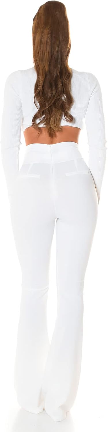Koucla Stoff Business High Waist Schlag Hose mit Deko Knöpfe XL Weiss, XL Weiss