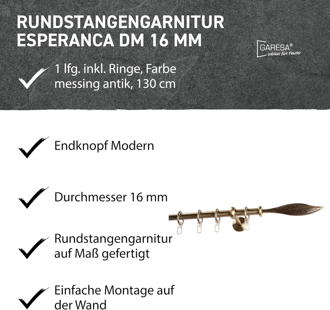 Garesa Gardinenstange Esperanca Ø 16mm, 1-läufig, Messing, antik I Rustikale Vorhangstange inkl. Rin