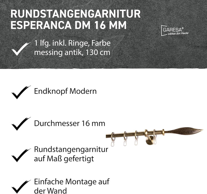 Garesa Gardinenstange Esperanca Ø 16mm, 1-läufig, Messing, antik I Rustikale Vorhangstange inkl. Rin
