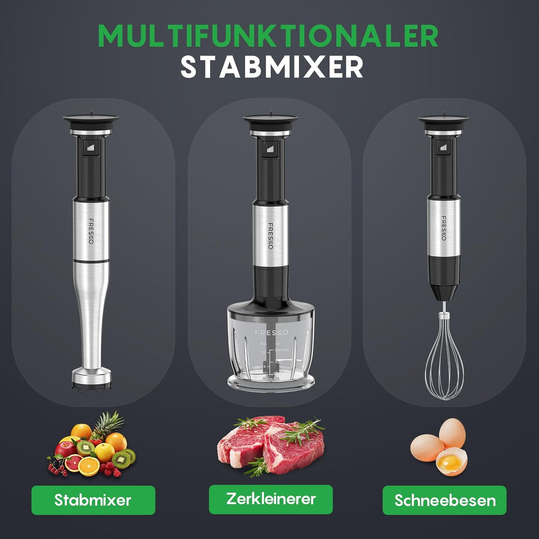 FRESKO Stabmixer 1000W mit Zubehör Set, Pürierstab Edelstahl inkl. Schneebesen, 500ml Zerkleinerer,