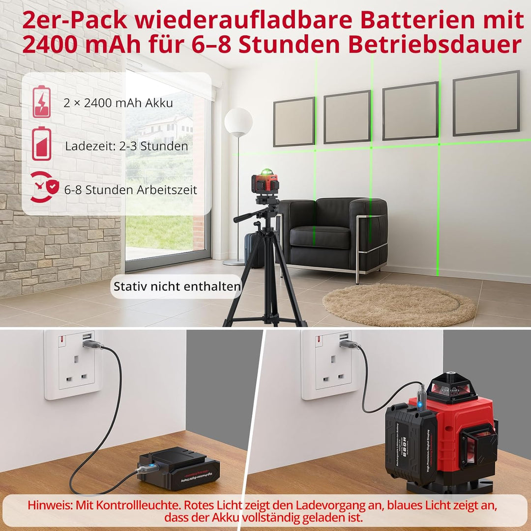 XUNTOP Laser Wasserwaage Selbstnivellierend Kreuzlinienlaser Grün Laser 16 Linienlaser 360° Projekti
