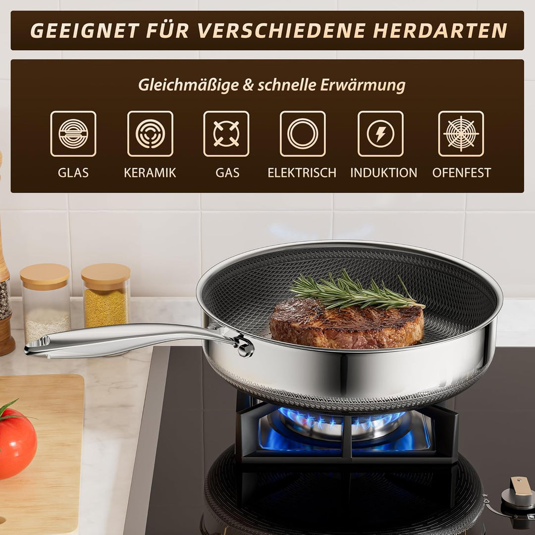 Tiefe Bratpfanne mit Deckel 26cm, Edelstahlpfanne Hybrid, Kühl bleibender Griff, Spülmaschinenfest,