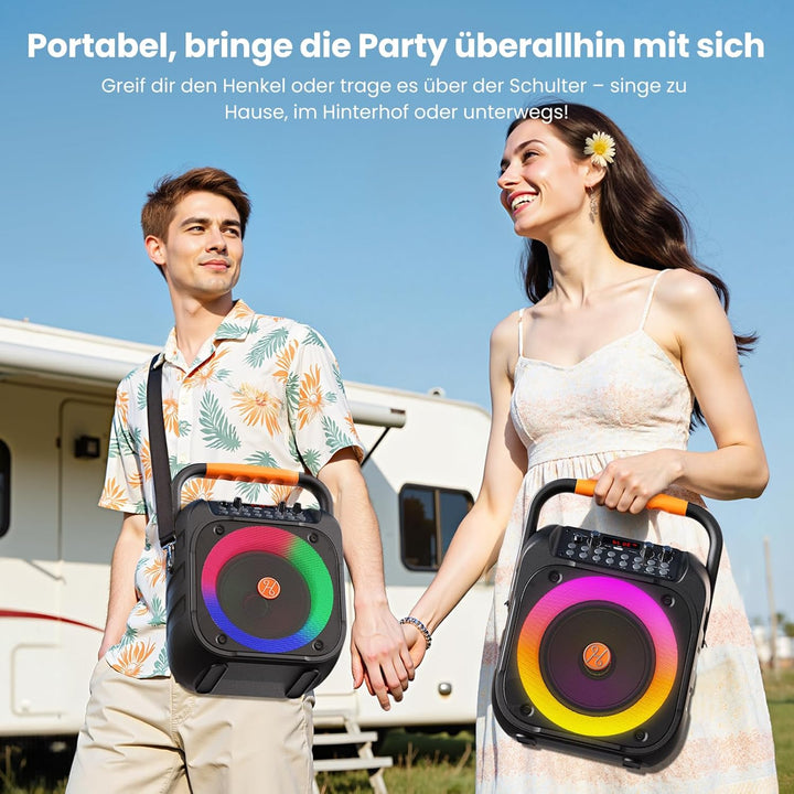 Karaoke Maschine, Tragbare Bluetooth Karaoke, Karaoke Anlage Mit 2 Mikrofonen, Echoanpassung, Led-Li