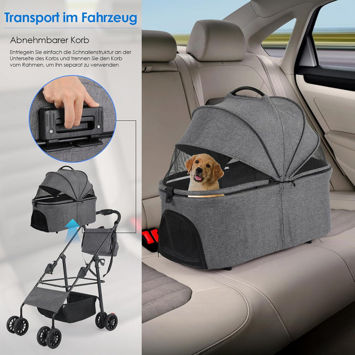 MAMIZO Hundewagen 3 in1,Hundebuggy Bis 30kg,4 Paar 360°Doppelräder,Hunde Wagen mit einer Umhängetasc