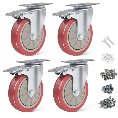 BAOLIHUI 4er Set Lenkrollen für Möbel 125MM Möbelrollen mit Bremse Schwerlastrollen 800kg Rot Rollen
