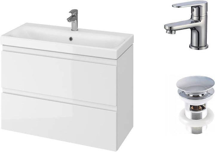 VBChome Badmöbel 80 cm Slim Weiss mit Armatur und Pop-up ventil Waschbecken mit Unterschrank Waschti