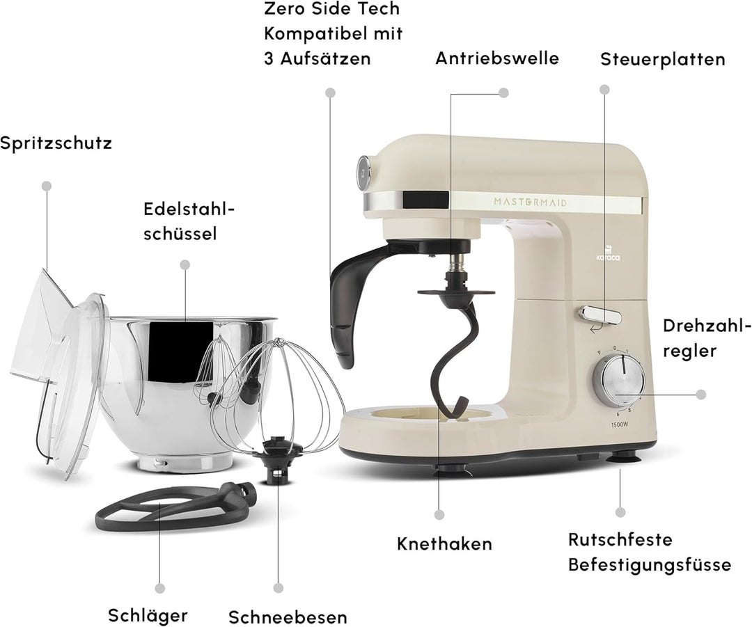 Karaca Mastermaid Chef Pro Double Armed Küche Koch 1500W Soft Cream, Glänzend Cream, 1500W, 5 L Mixe