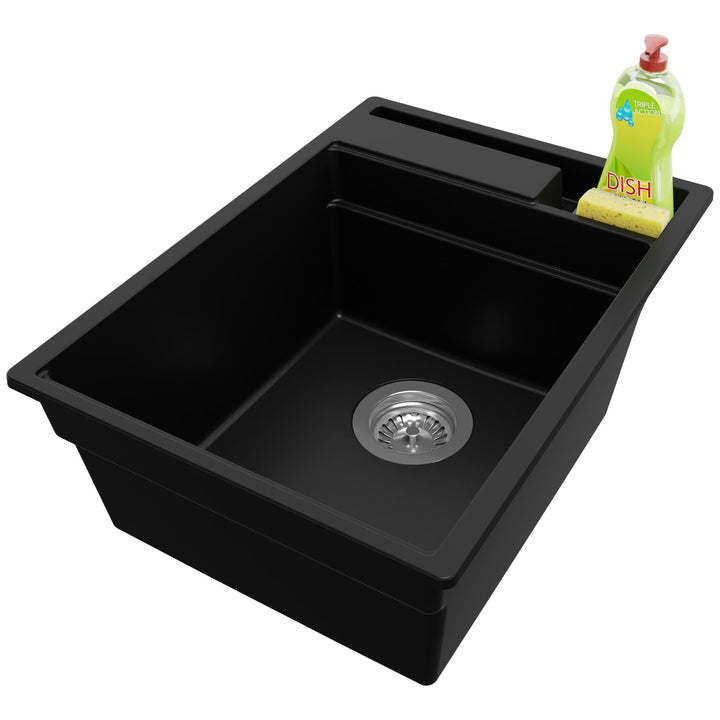 PRIMAGRAN Spülbecken Schwarz 38x53cm, Granitspüle 1 Becken + Ablauf-Set, Küchenspüle ab 40er Untersc