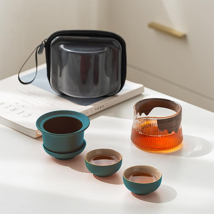fanquare Tragbares Reiseteeservice Grün Porzellan Chinesisch Kung Fu Glas Teekanne mit Infusor Mini