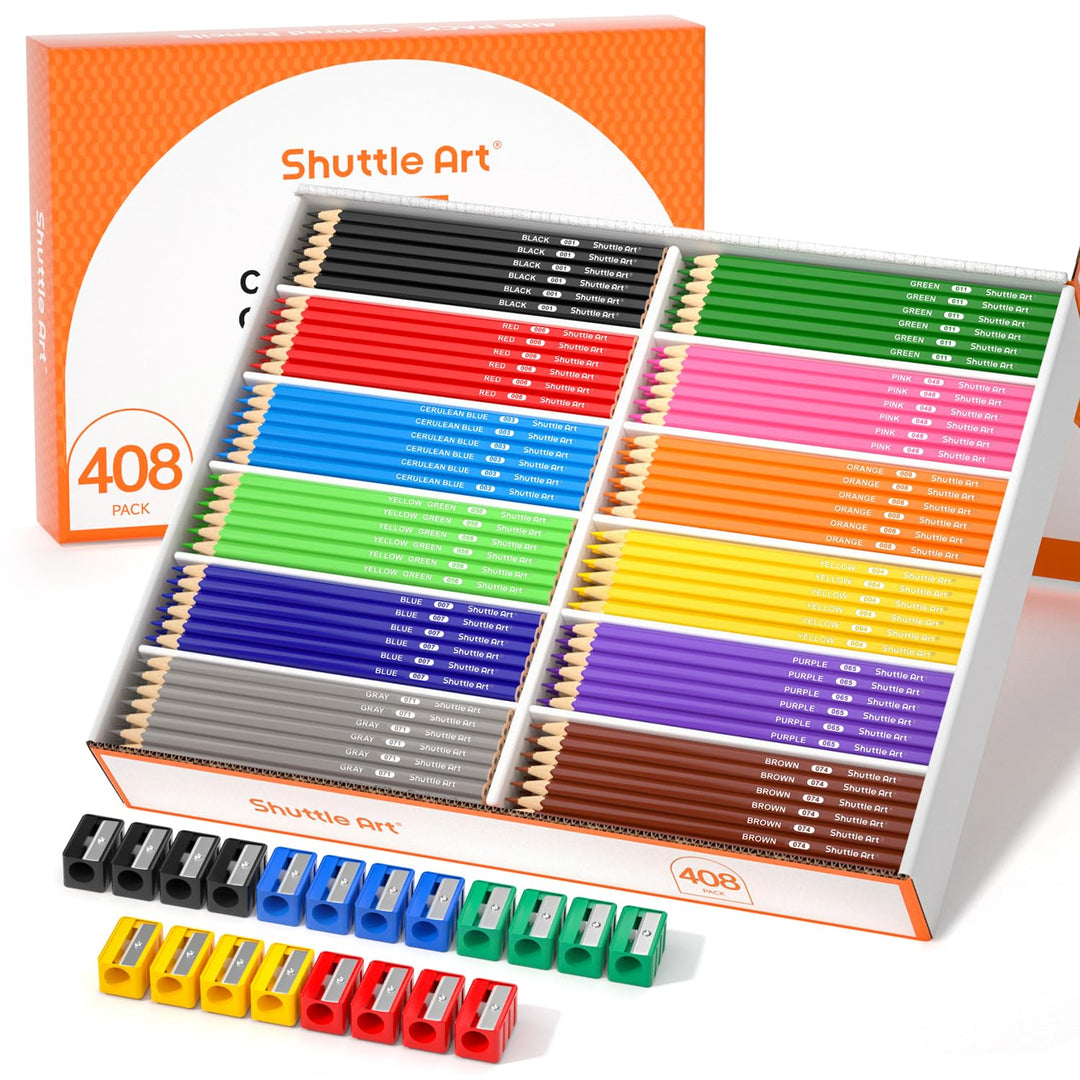 Shuttle Art 408 Pack Buntstifte Schule Set, 12 Farben Malstifte für Kinder plus 20 Anspitzer, Buntst