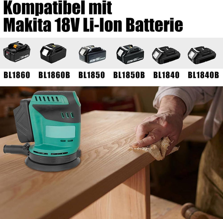 Akku Exzenterschleifer 125mm, Ersatz für Makita 18V Akku,Kabellose Elektroschleifer mit 12 pcs Schle