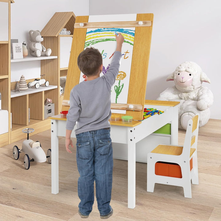 ROCSUMOO Kinder-Kunsttisch-Set mit 2 Stühlen - Holzerner Aktivitätstisch für Kleinkinder mit Verstel