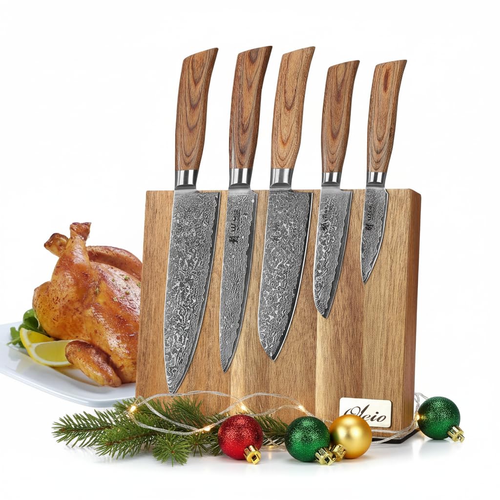 Wakoli EDIB Pro 5er Damastmesser-Set mit Messerblock I 8-20 cm Klingen gefertigt aus 67 Lagen echtem