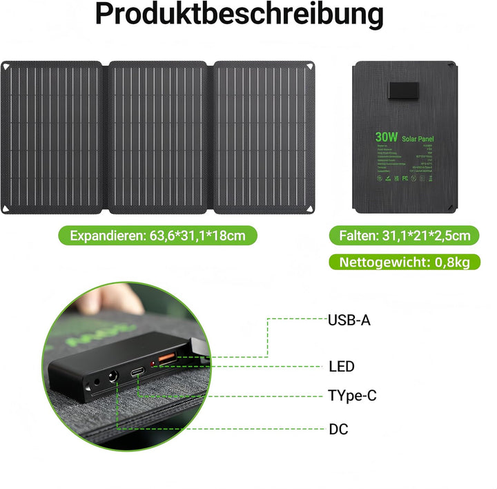 30W Solarpanel Faltbar mit 3 Ports (USB-C+USB-A+DC), IP67 Wasserdichtes Tragbares Solar-Ladegerät, H