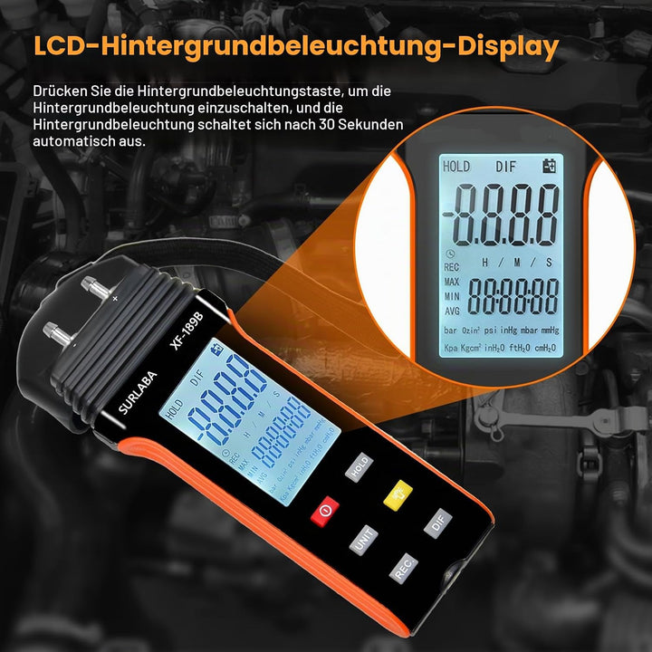 SURLABA Digitales Manometer, Differenzdruckmessgerät Messbereich 30PSI, Gasdruckmessgerät mit 11 Ein