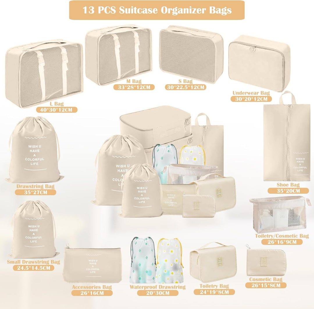 Koffer Organizer Set, 13 Stück Packing Cubes, Wasserdichte Kofferorganizer für Urlaub und Reisen, Tr