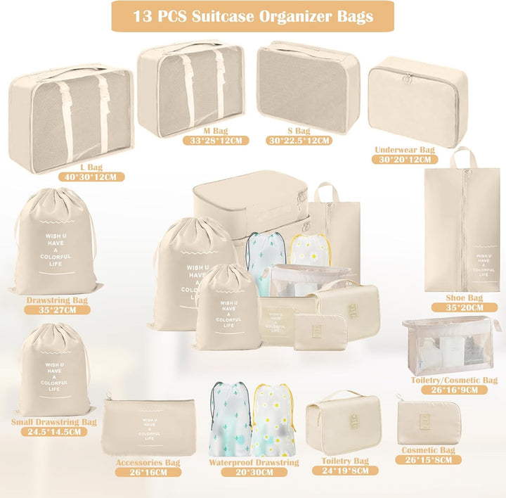 Koffer Organizer Set, 13 Stück Packing Cubes, Wasserdichte Kofferorganizer für Urlaub und Reisen, Tr