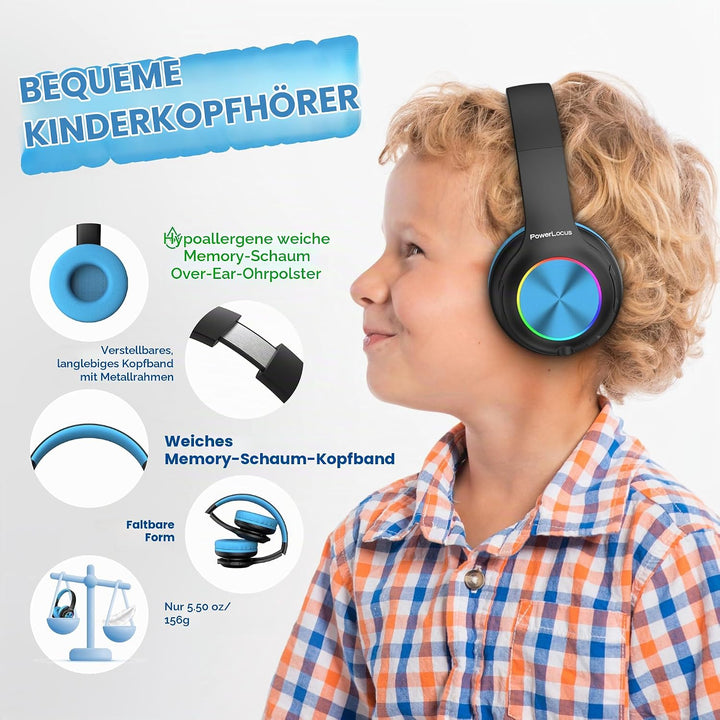 Kinderkopfhörer Bluetooth, PowerLocus Kinder Kopfhörer Kabellos mit LED-Leuchten 74/85/94dB Lautstär